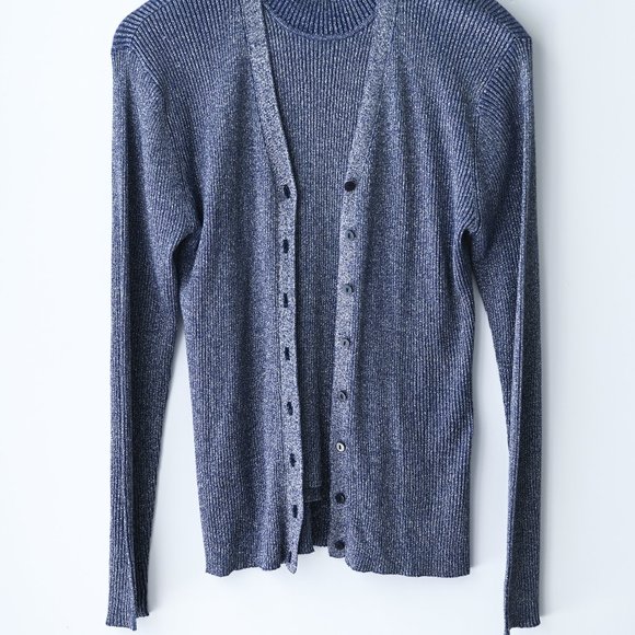 KASPER & COMPANY Blue Ribbed Mock Neck Top & Cardigan - Size P Medium - Picture 7 of 11